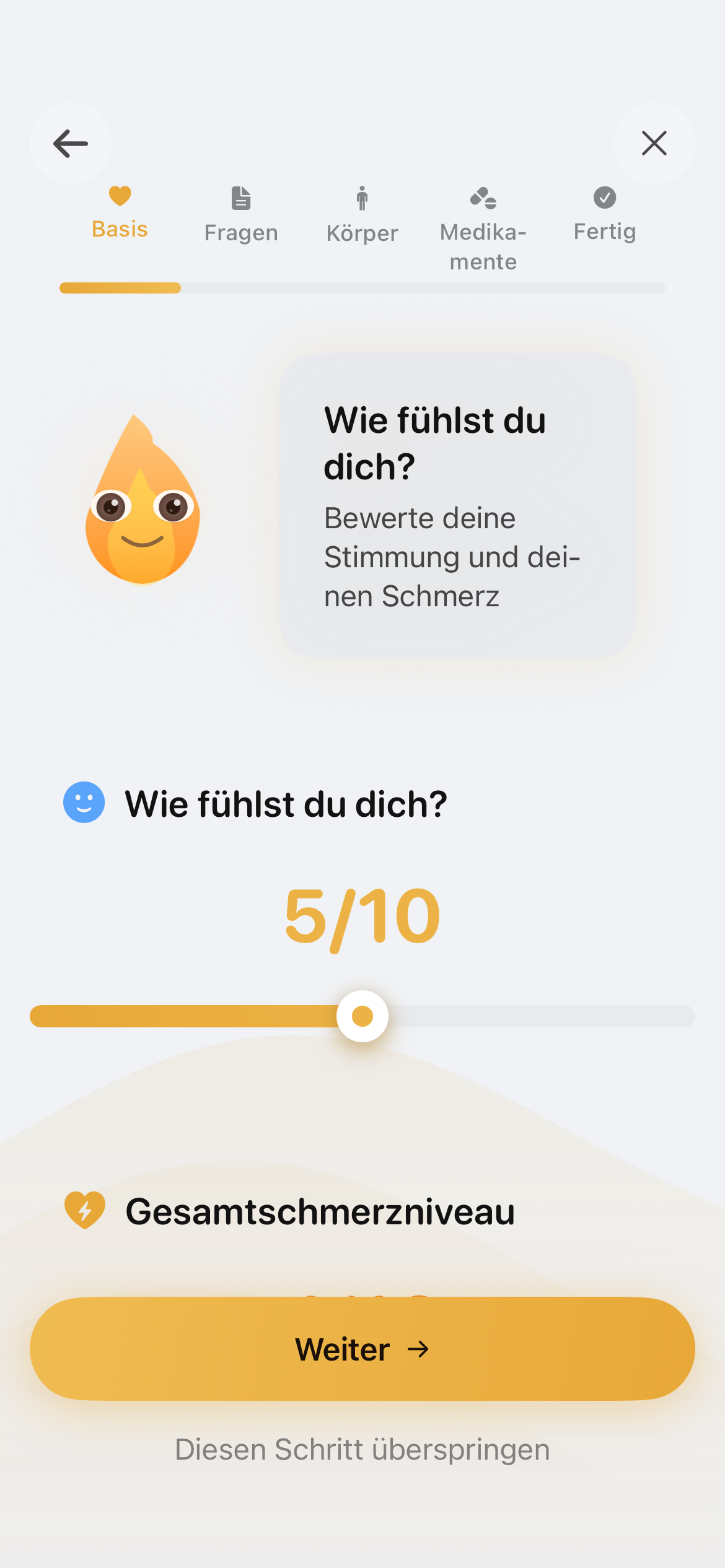 InflamAI Check-in mit Stimmungs- und Schmerz-Schieberegler