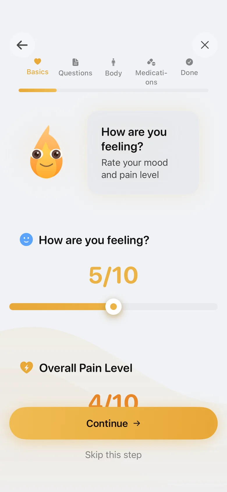 InflamAI check-in with mood and pain slider