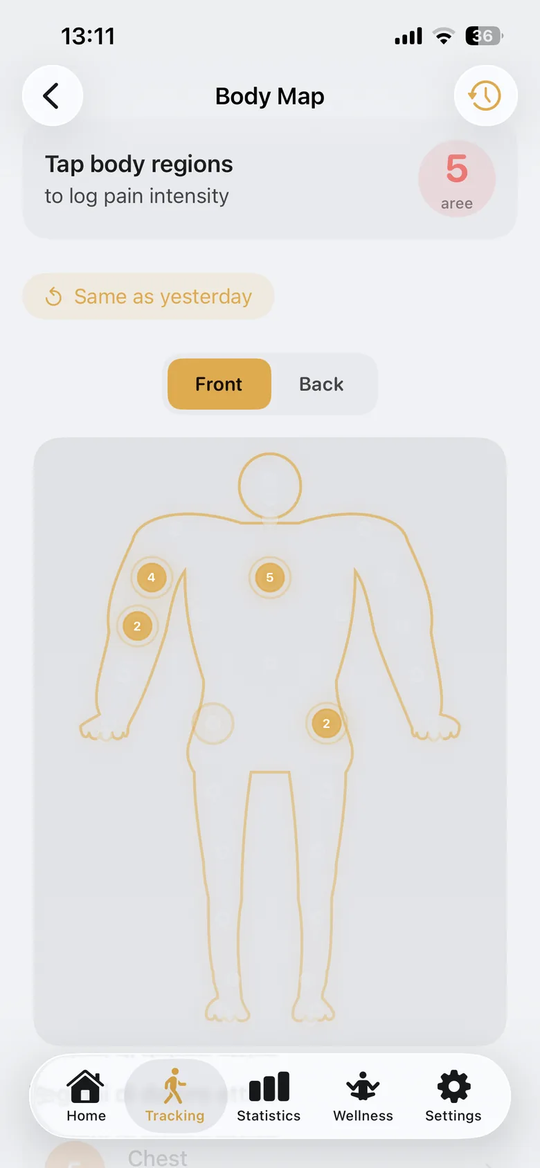 InflamAI body map for tapping painful regions